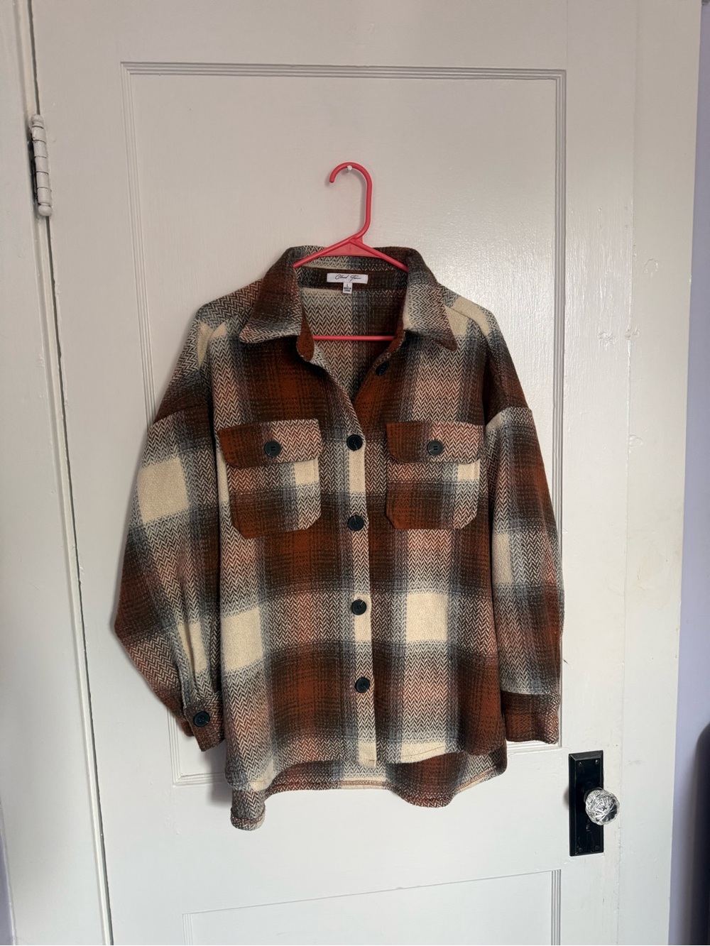 Plaid Utility Shacket Jacket in Brown and Cream